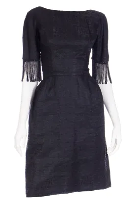 1960s Nicholas Unger Beaded Velvet Little Black Dress w Bateau Neckline