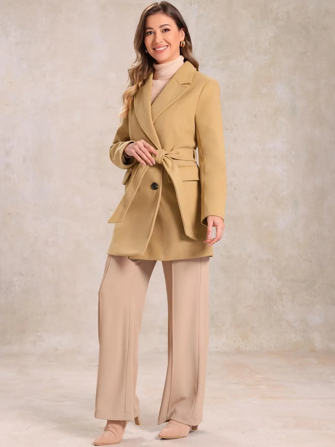 Allegra K Women's Notch Lapel Double Breasted Belted Mid Long Outwear Winter Coat