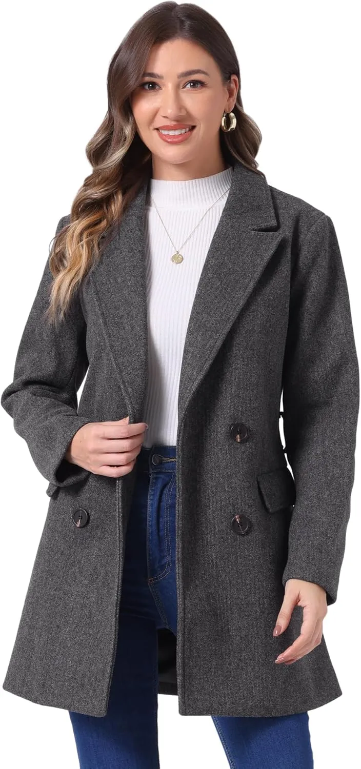 Allegra K Women's Notch Lapel Double Breasted Belted Mid Long Outwear Winter Coat