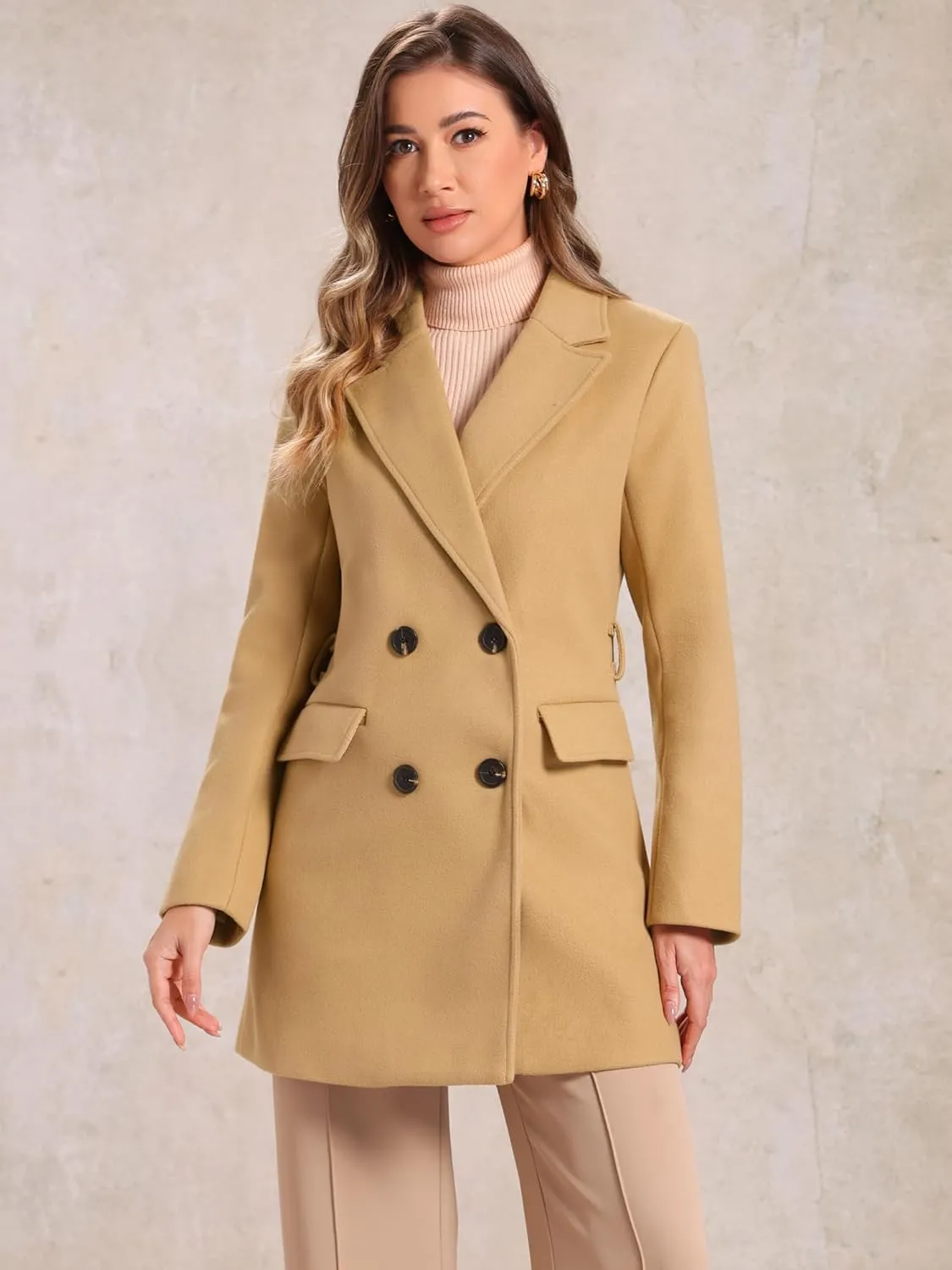 Allegra K Women's Notch Lapel Double Breasted Belted Mid Long Outwear Winter Coat