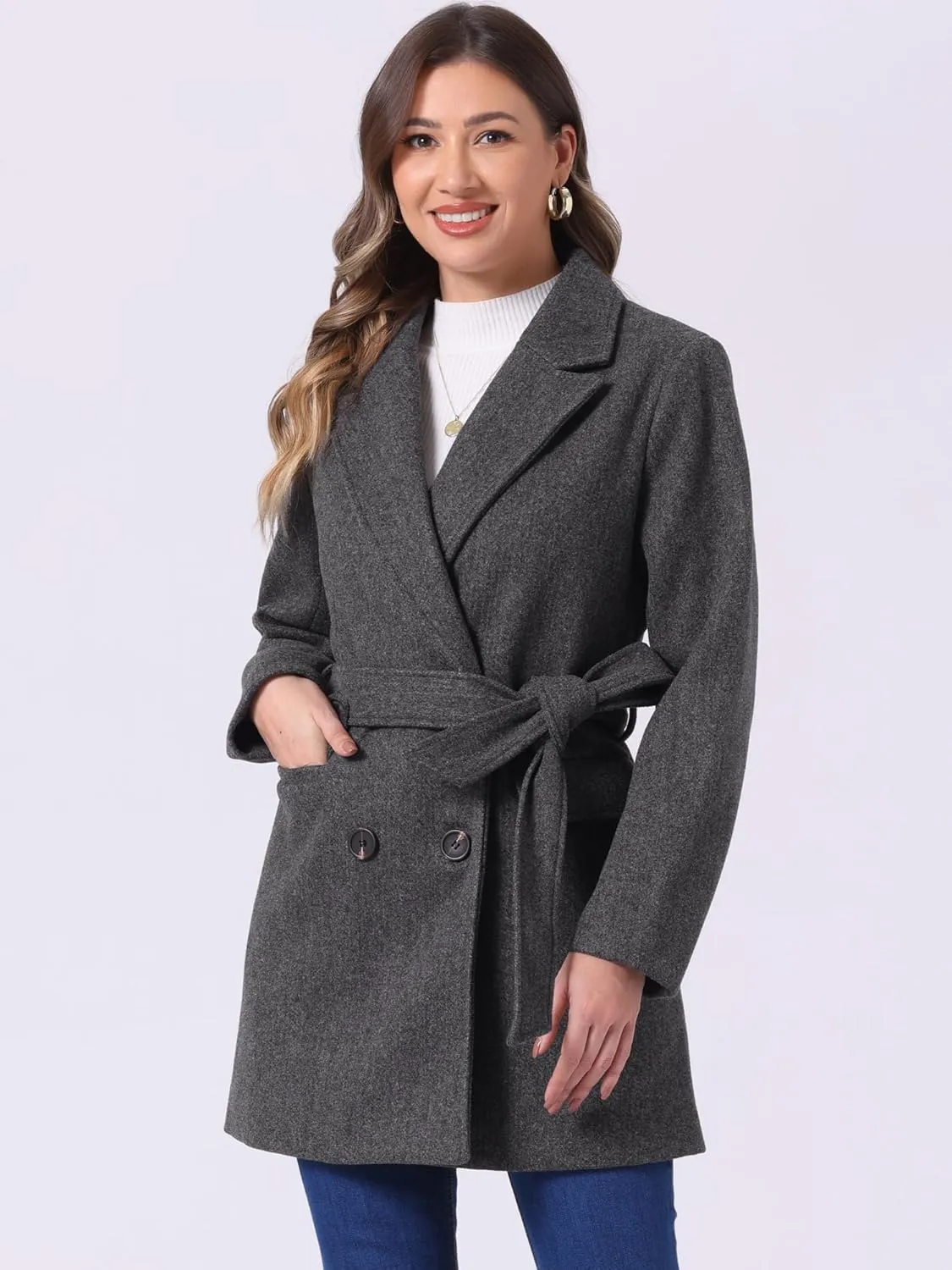 Allegra K Women's Notch Lapel Double Breasted Belted Mid Long Outwear Winter Coat