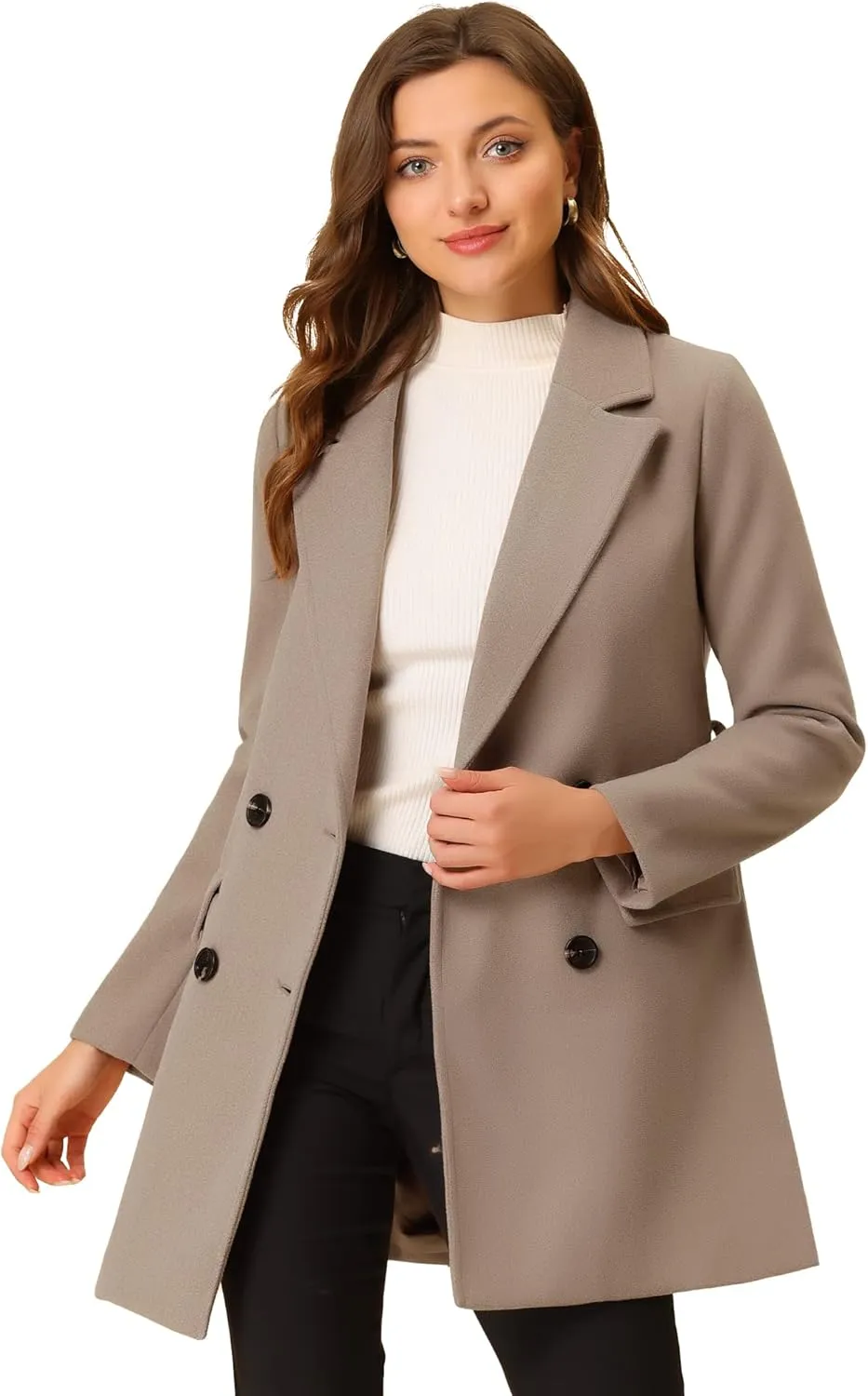 Allegra K Women's Notch Lapel Double Breasted Belted Mid Long Outwear Winter Coat