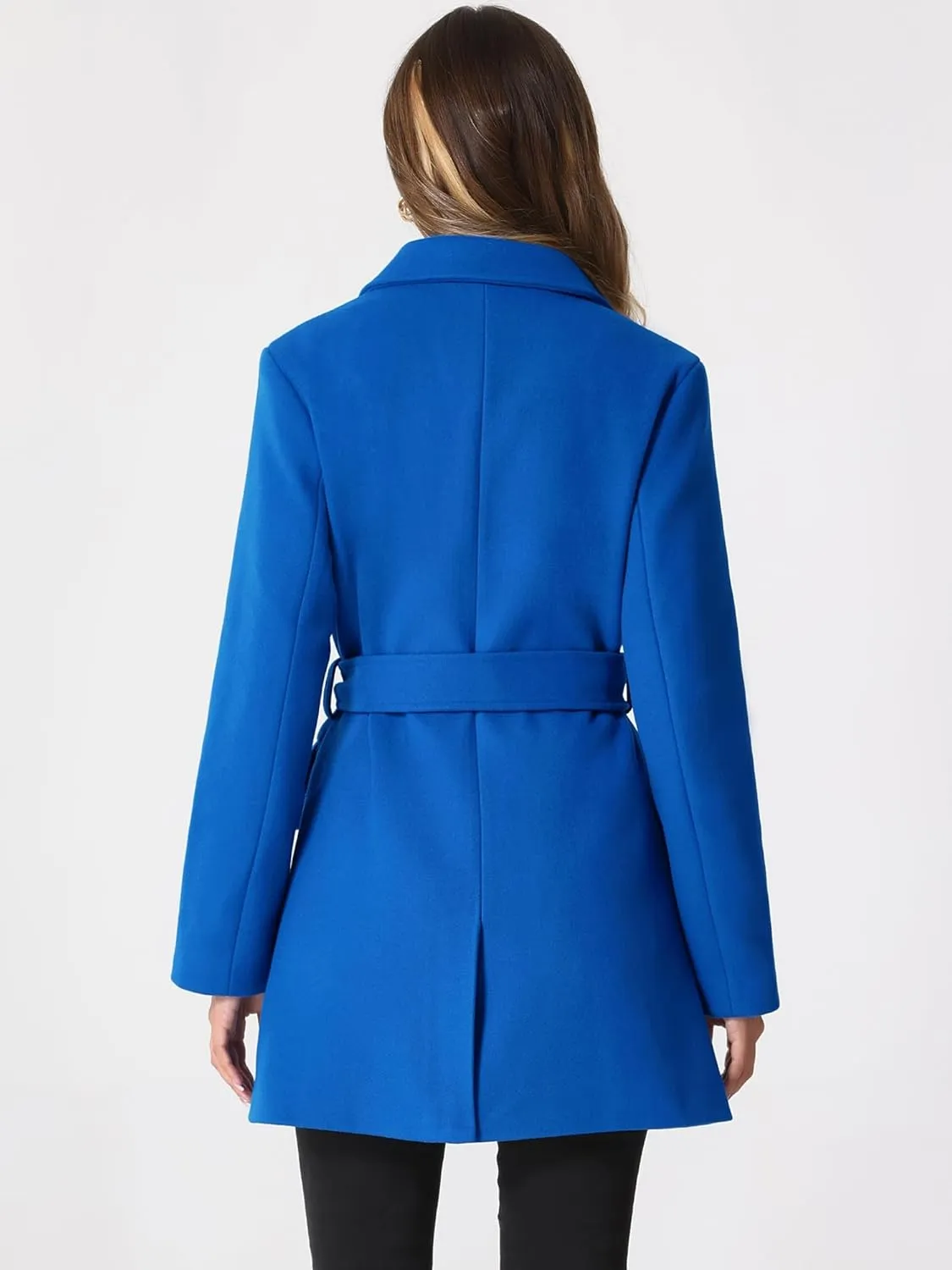 Allegra K Women's Notch Lapel Double Breasted Belted Mid Long Outwear Winter Coat