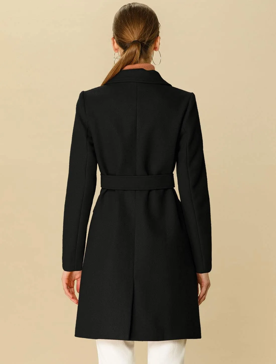Allegra K Women's Notch Lapel Double Breasted Belted Mid Long Outwear Winter Coat