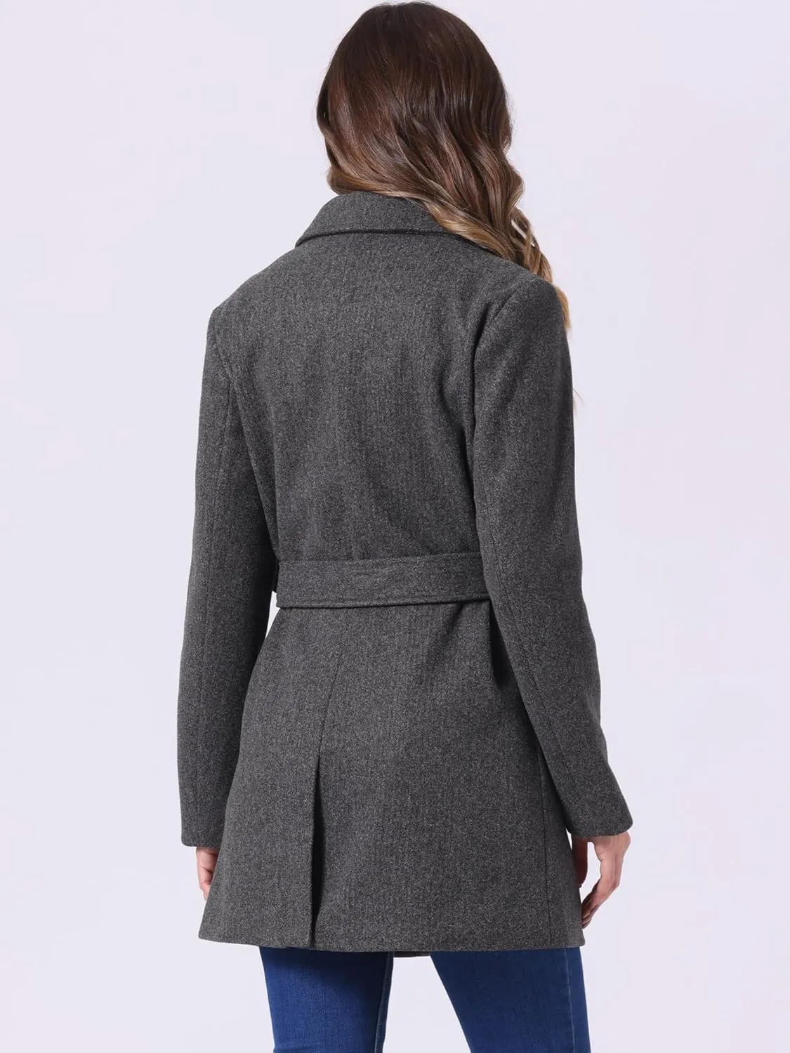 Allegra K Women's Notch Lapel Double Breasted Belted Mid Long Outwear Winter Coat