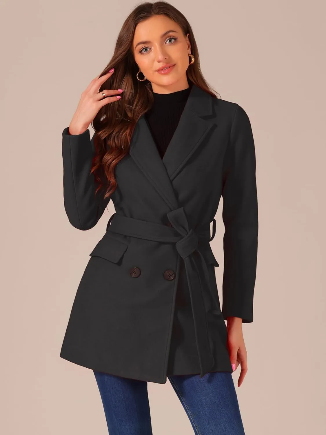 Allegra K Women's Notch Lapel Double Breasted Belted Mid Long Outwear Winter Coat