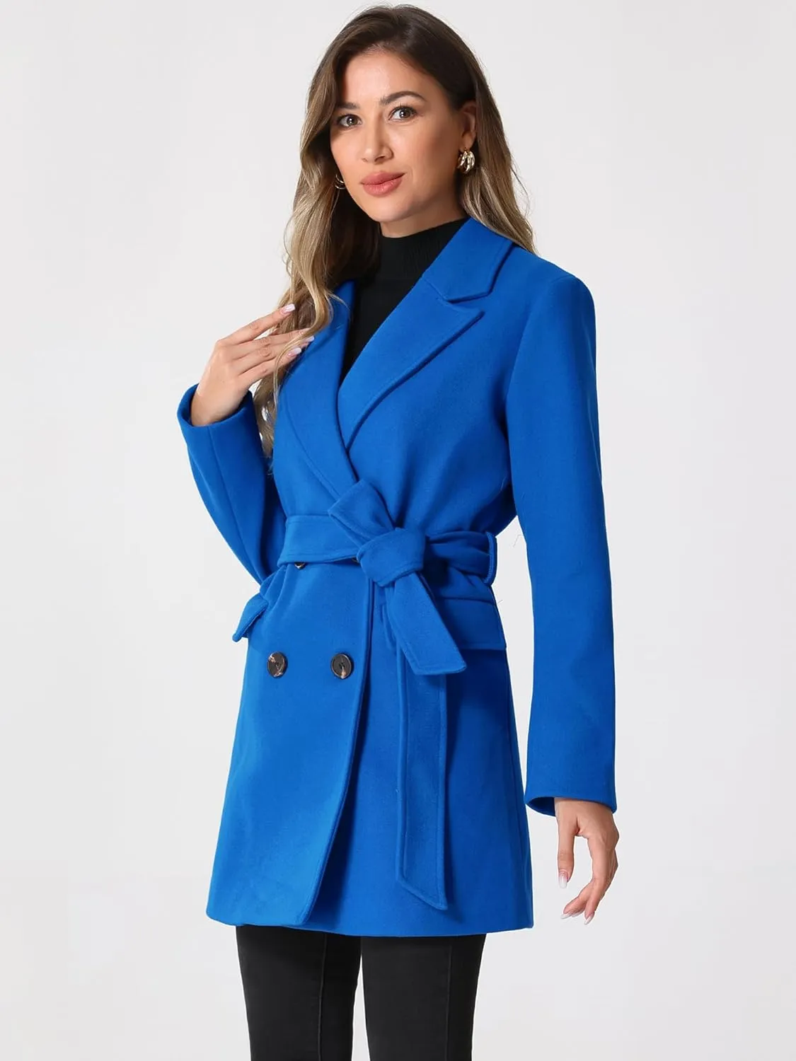 Allegra K Women's Notch Lapel Double Breasted Belted Mid Long Outwear Winter Coat