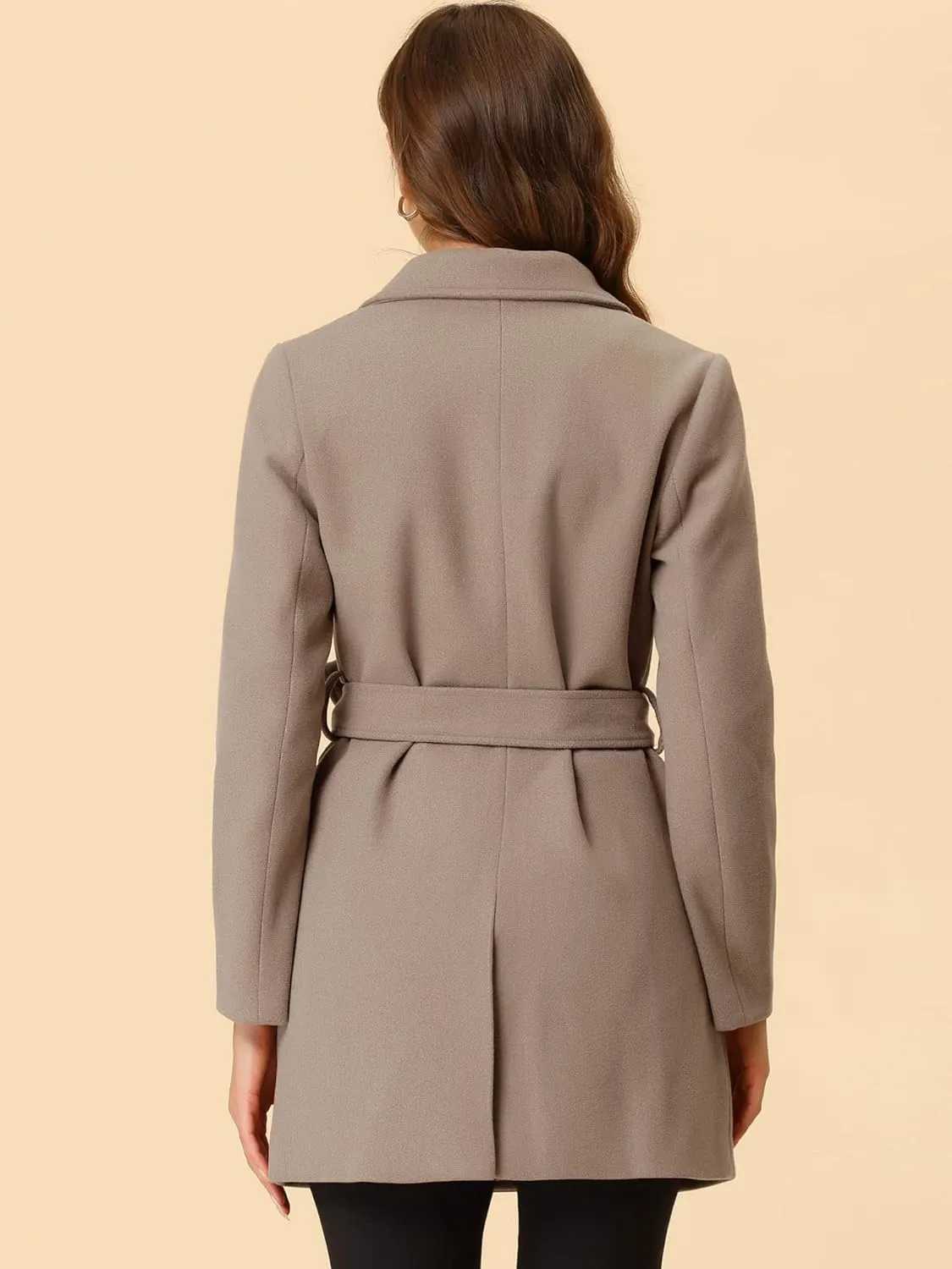 Allegra K Women's Notch Lapel Double Breasted Belted Mid Long Outwear Winter Coat