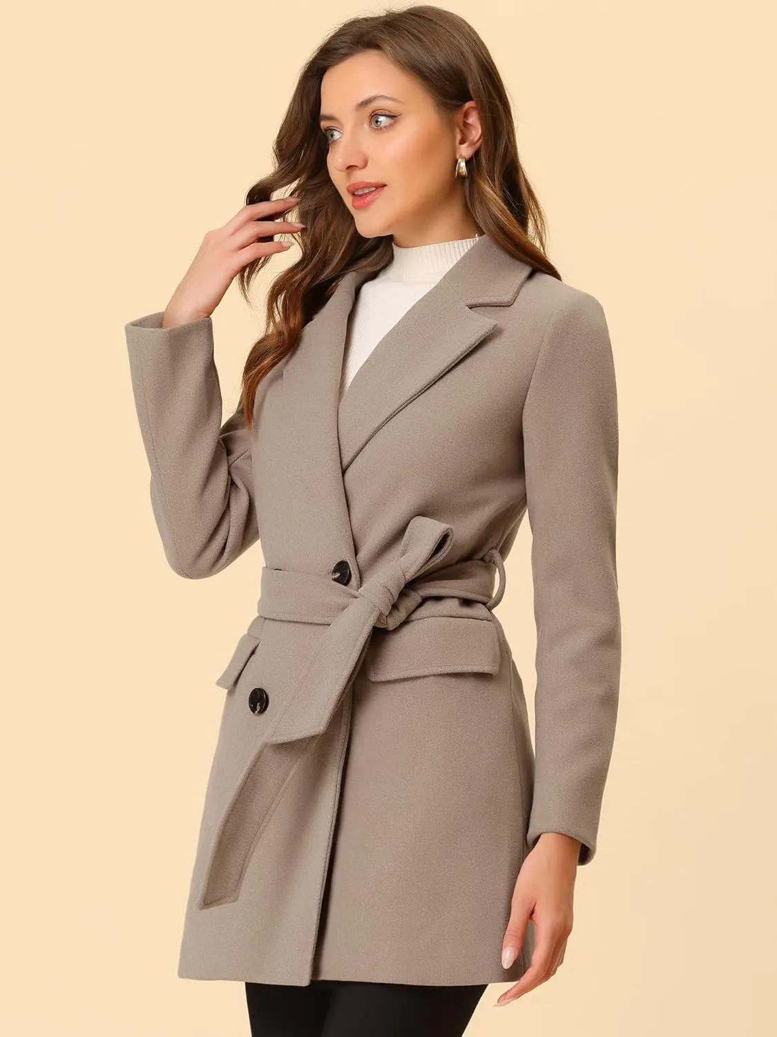 Allegra K Women's Notch Lapel Double Breasted Belted Mid Long Outwear Winter Coat