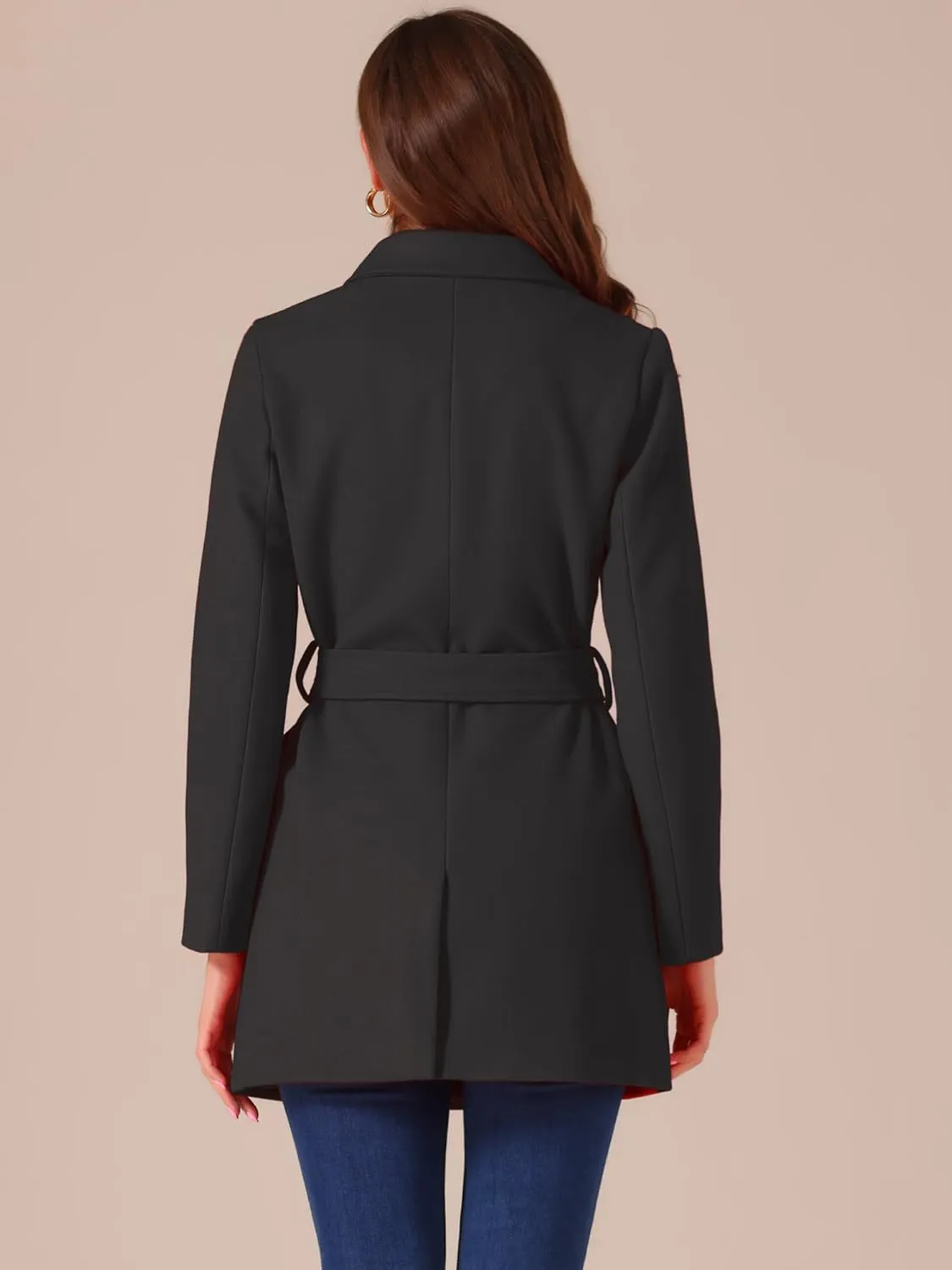 Allegra K Women's Notch Lapel Double Breasted Belted Mid Long Outwear Winter Coat