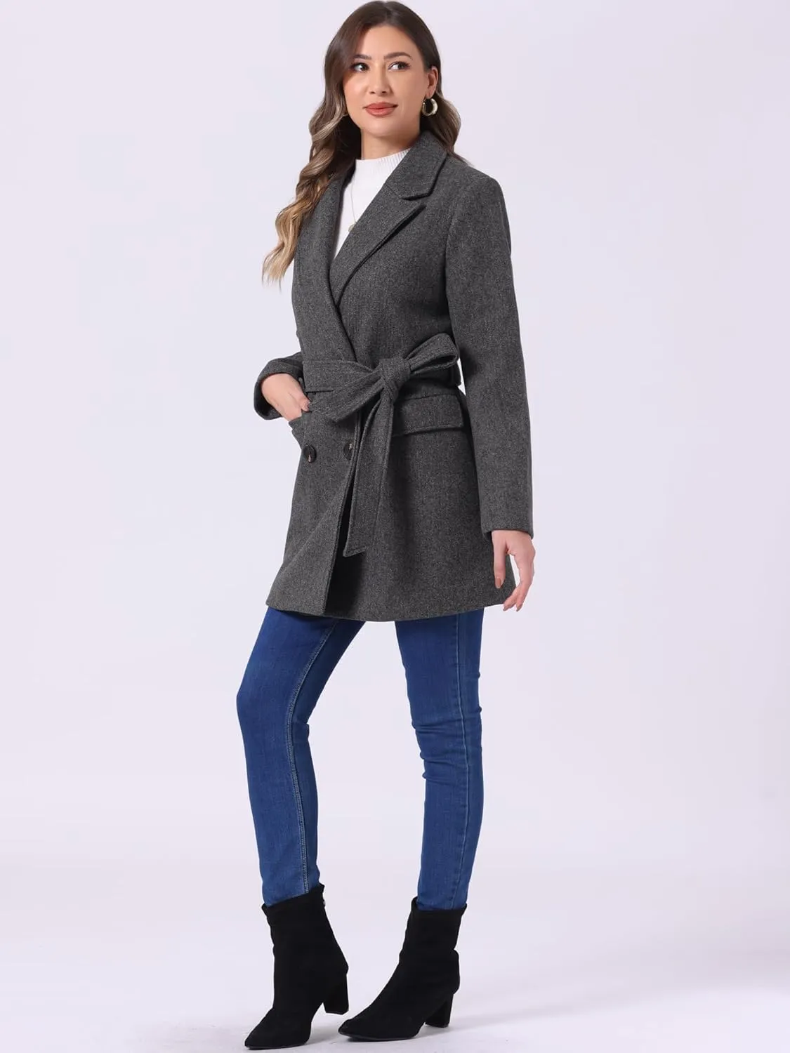 Allegra K Women's Notch Lapel Double Breasted Belted Mid Long Outwear Winter Coat