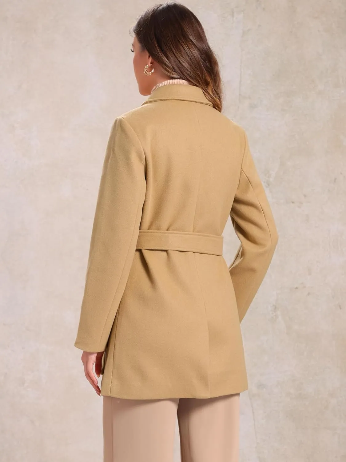 Allegra K Women's Notch Lapel Double Breasted Belted Mid Long Outwear Winter Coat