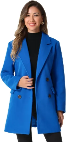 Allegra K Women's Notch Lapel Double Breasted Belted Mid Long Outwear Winter Coat