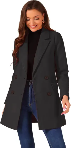 Allegra K Women's Notch Lapel Double Breasted Belted Mid Long Outwear Winter Coat