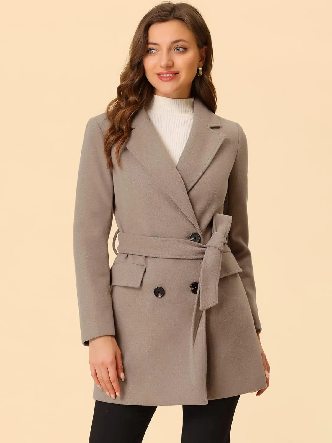Allegra K Women's Notch Lapel Double Breasted Belted Mid Long Outwear Winter Coat