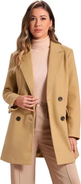 Allegra K Women's Notch Lapel Double Breasted Belted Mid Long Outwear Winter Coat