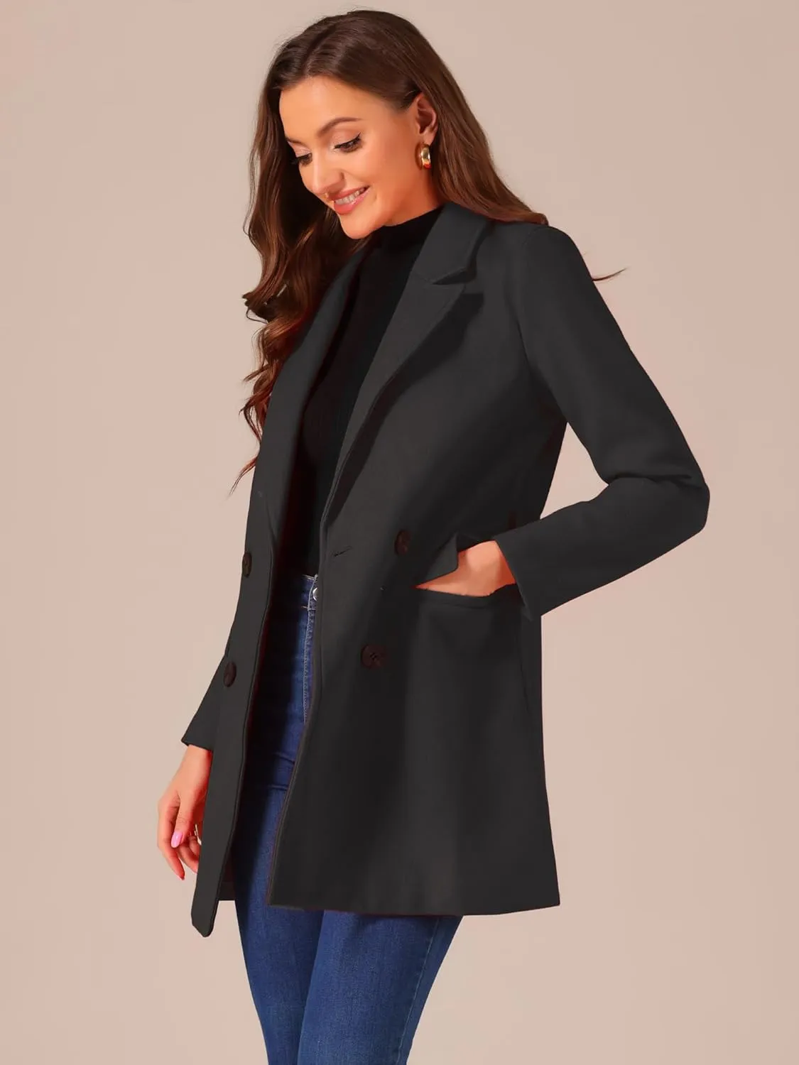 Allegra K Women's Notch Lapel Double Breasted Belted Mid Long Outwear Winter Coat
