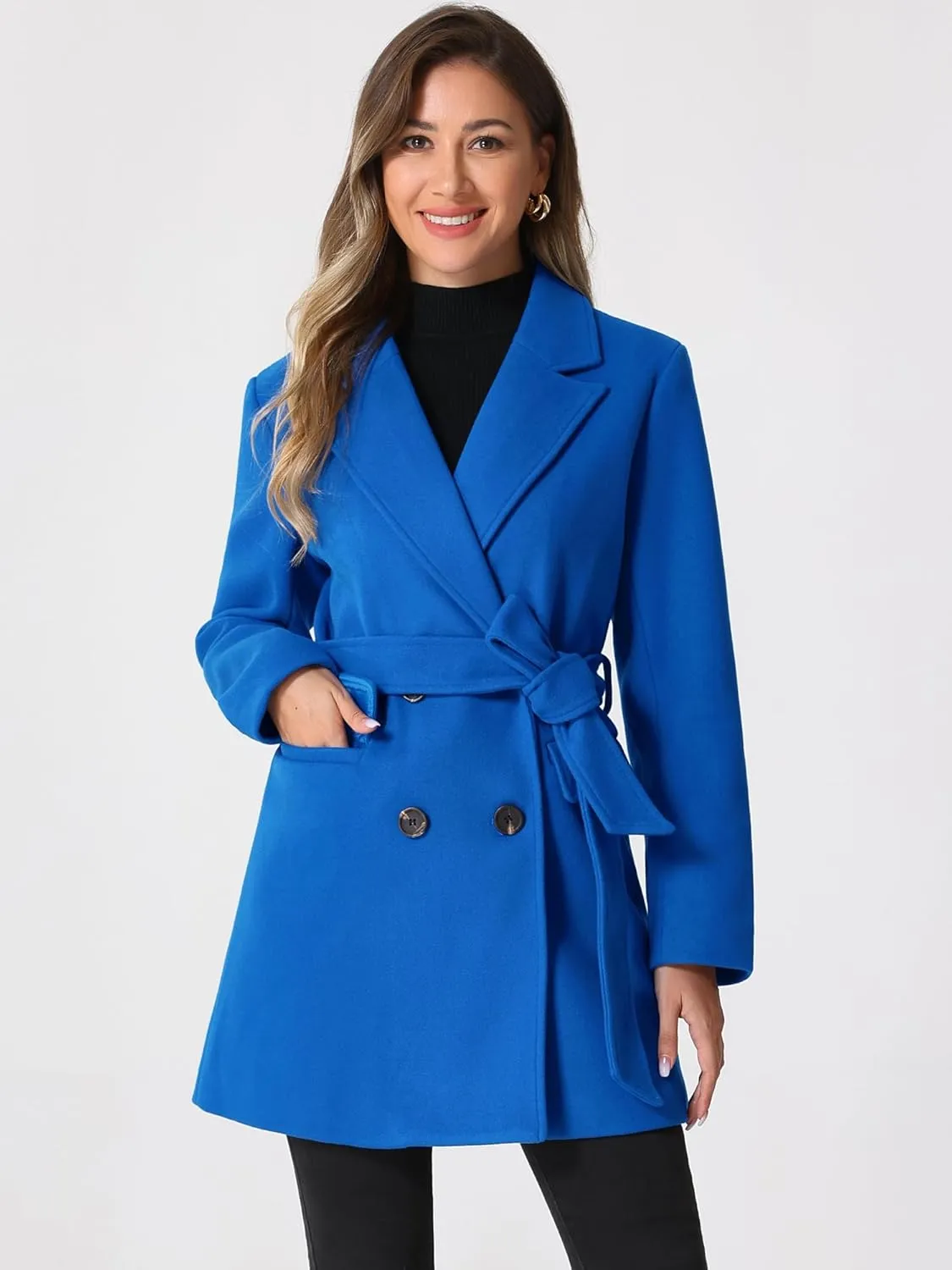 Allegra K Women's Notch Lapel Double Breasted Belted Mid Long Outwear Winter Coat