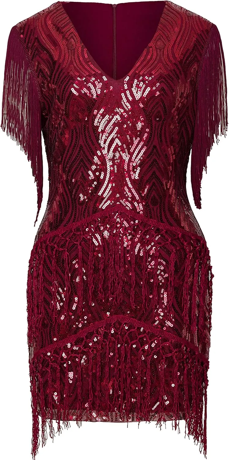BABEYOND 1920s Plus Size Flapper Dress Long Fringed Gatsby Dress Plus Sequins Beaded Vintage Dress