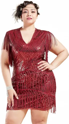 BABEYOND 1920s Plus Size Flapper Dress Long Fringed Gatsby Dress Plus Sequins Beaded Vintage Dress