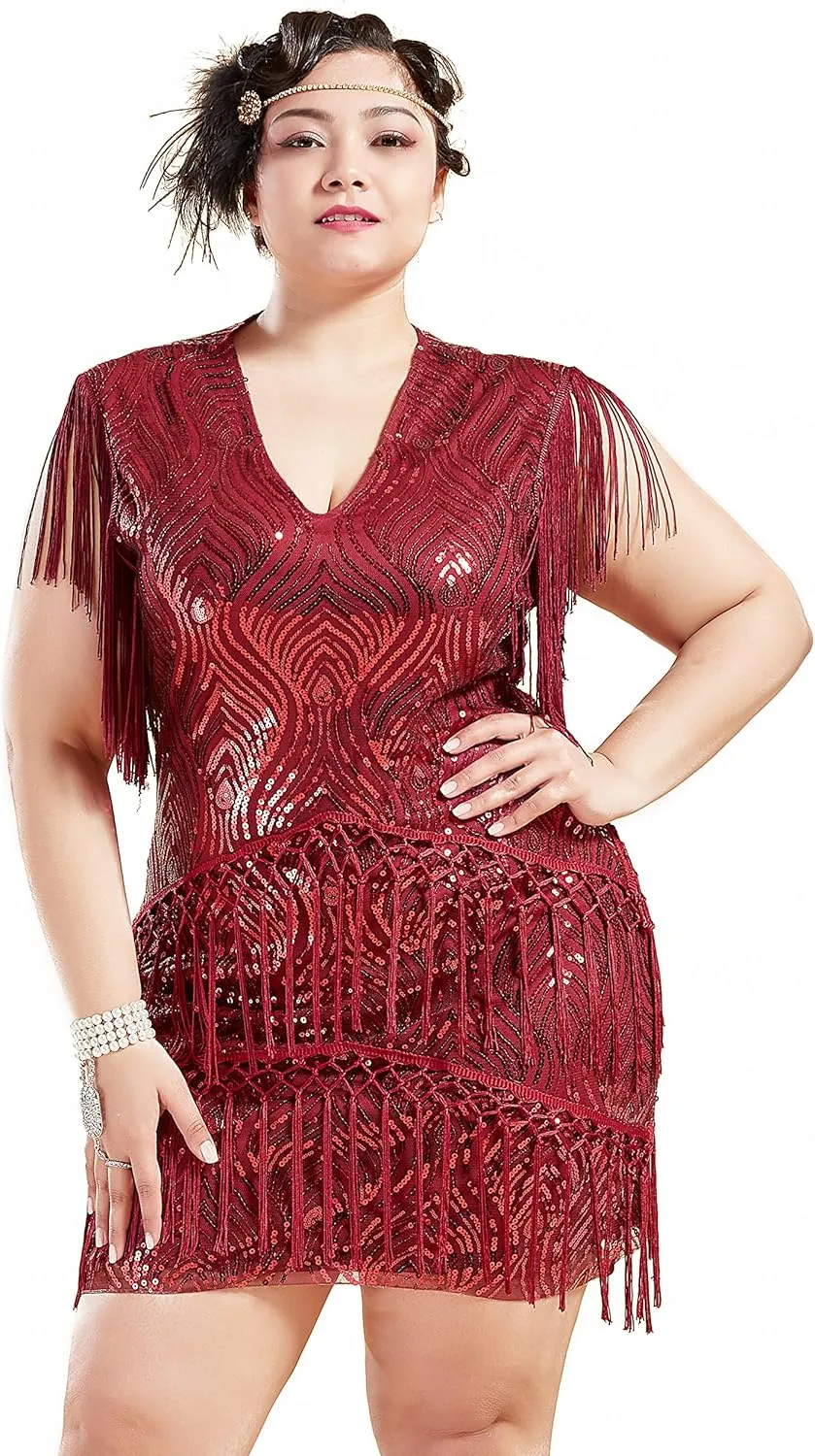 BABEYOND 1920s Plus Size Flapper Dress Long Fringed Gatsby Dress Plus Sequins Beaded Vintage Dress