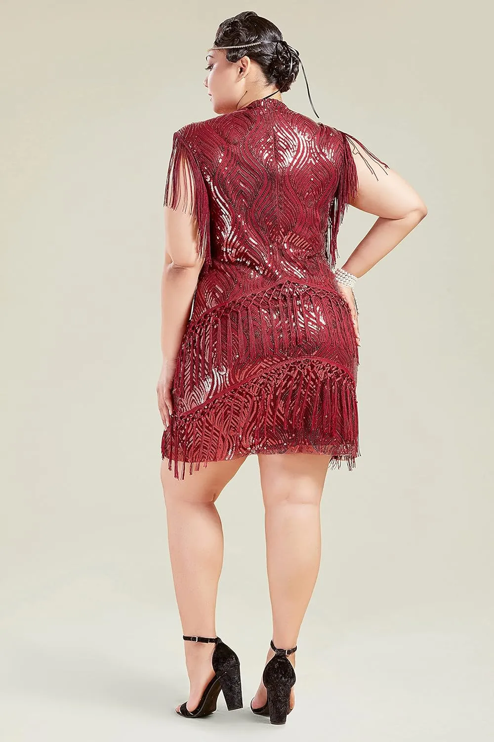 BABEYOND 1920s Plus Size Flapper Dress Long Fringed Gatsby Dress Plus Sequins Beaded Vintage Dress