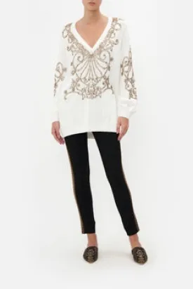 CAMILLA ARMADA EMBELLISHED V NECK KNIT IN WHITE