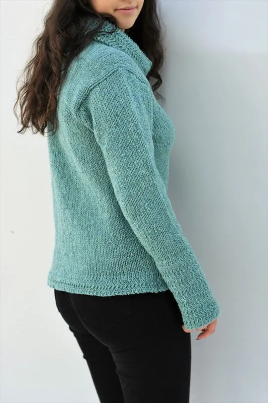Cowl polo neck sweater with herringbone stitch edges – Aqua – Rossan Knitwear