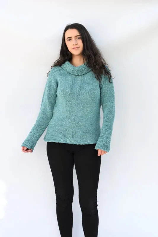 Cowl polo neck sweater with herringbone stitch edges – Aqua – Rossan Knitwear