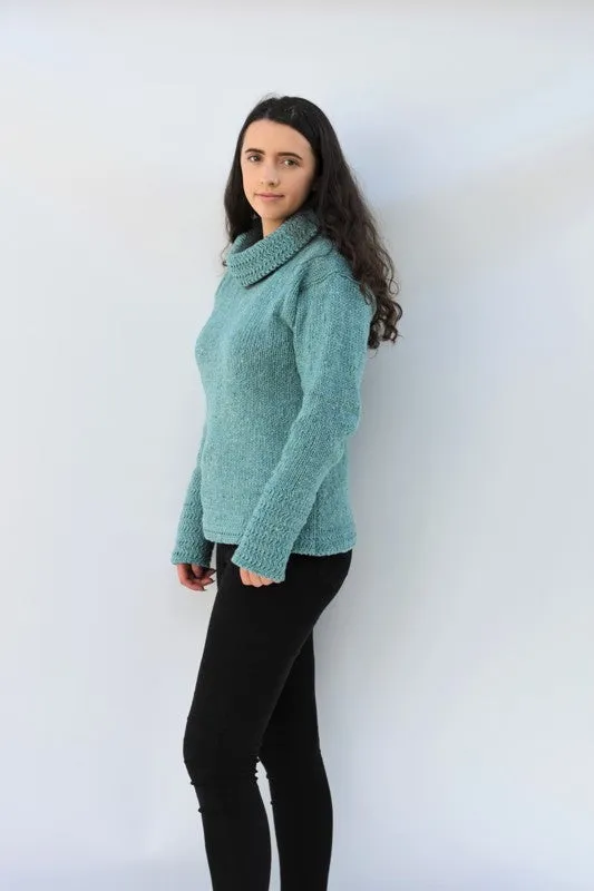 Cowl polo neck sweater with herringbone stitch edges – Aqua – Rossan Knitwear