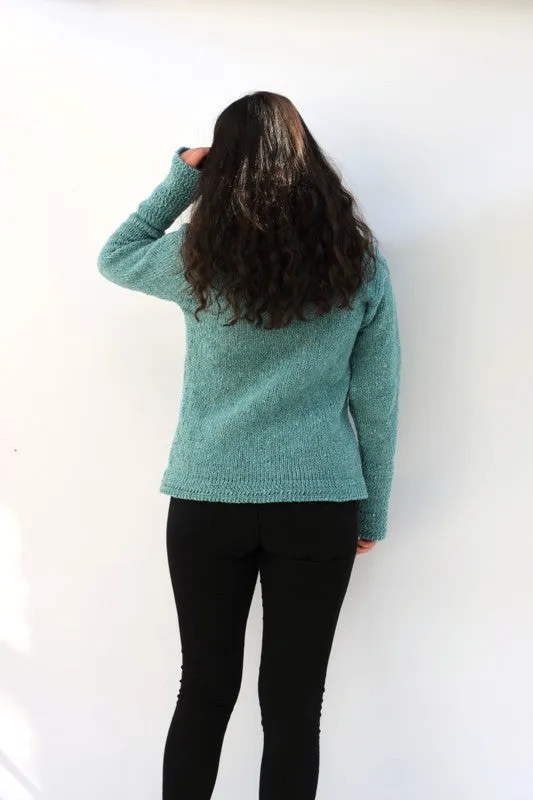 Cowl polo neck sweater with herringbone stitch edges – Aqua – Rossan Knitwear