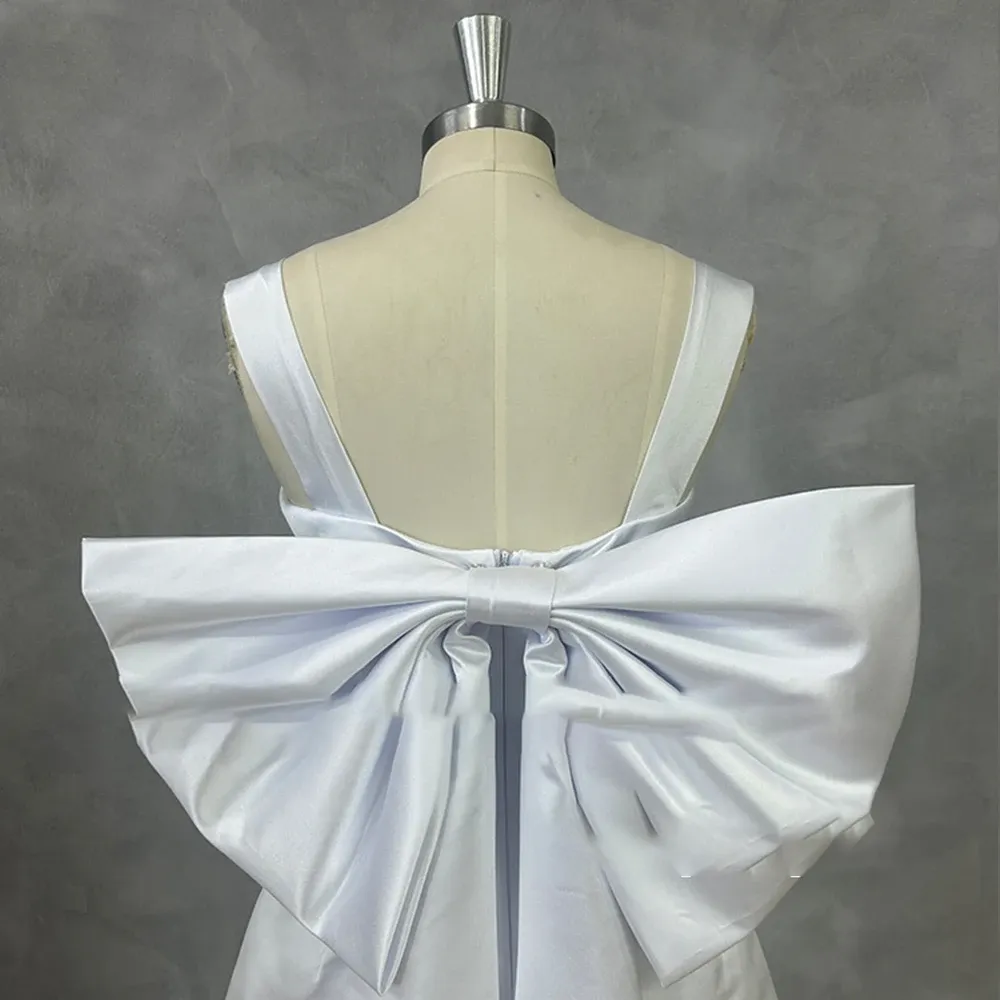 DREAM Satin Short Backless Wedding Dress with Square Collar Detachable Bow