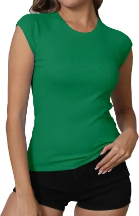 Dwnval Womens Crew Neck Cap Raglan Sleeve Shirts Slim Fit Ribbed Knited Crop Tops 2025 Spring Summer