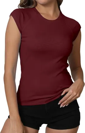 Dwnval Womens Crew Neck Cap Raglan Sleeve Shirts Slim Fit Ribbed Knited Crop Tops 2025 Spring Summer
