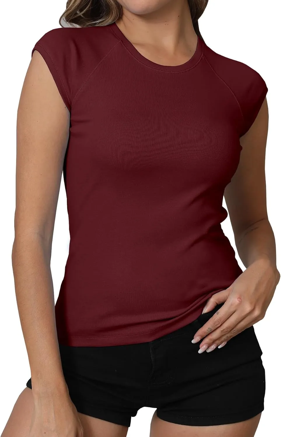 Dwnval Womens Crew Neck Cap Raglan Sleeve Shirts Slim Fit Ribbed Knited Crop Tops 2025 Spring Summer