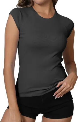 Dwnval Womens Crew Neck Cap Raglan Sleeve Shirts Slim Fit Ribbed Knited Crop Tops 2025 Spring Summer