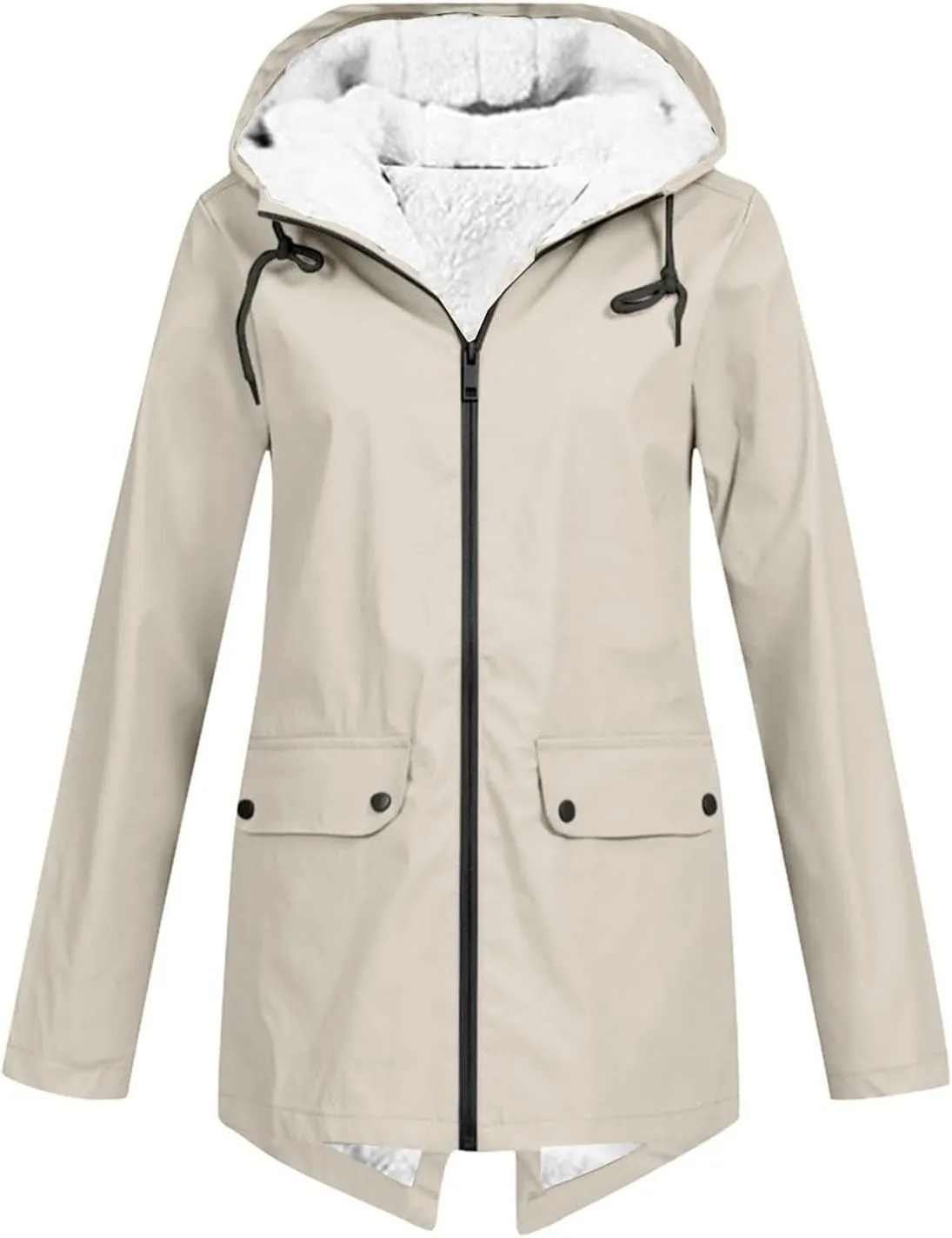 Fleece Lined Raincoat for Women Solid Color Waterproof Jackets with Hood Lightweight Outdoor Windbreaker Jacket