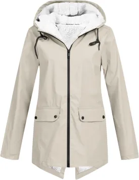 Fleece Lined Raincoat for Women Solid Color Waterproof Jackets with Hood Lightweight Outdoor Windbreaker Jacket