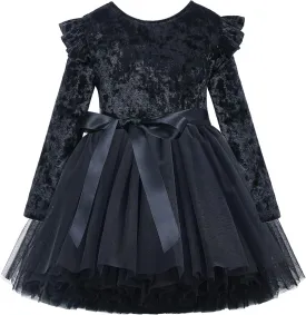 Flofallzique Toddler Girls Dress Long Sleeve Velvet Kids Tulle Tutu Birthday Tea Party Princess Dresses 1-10Y