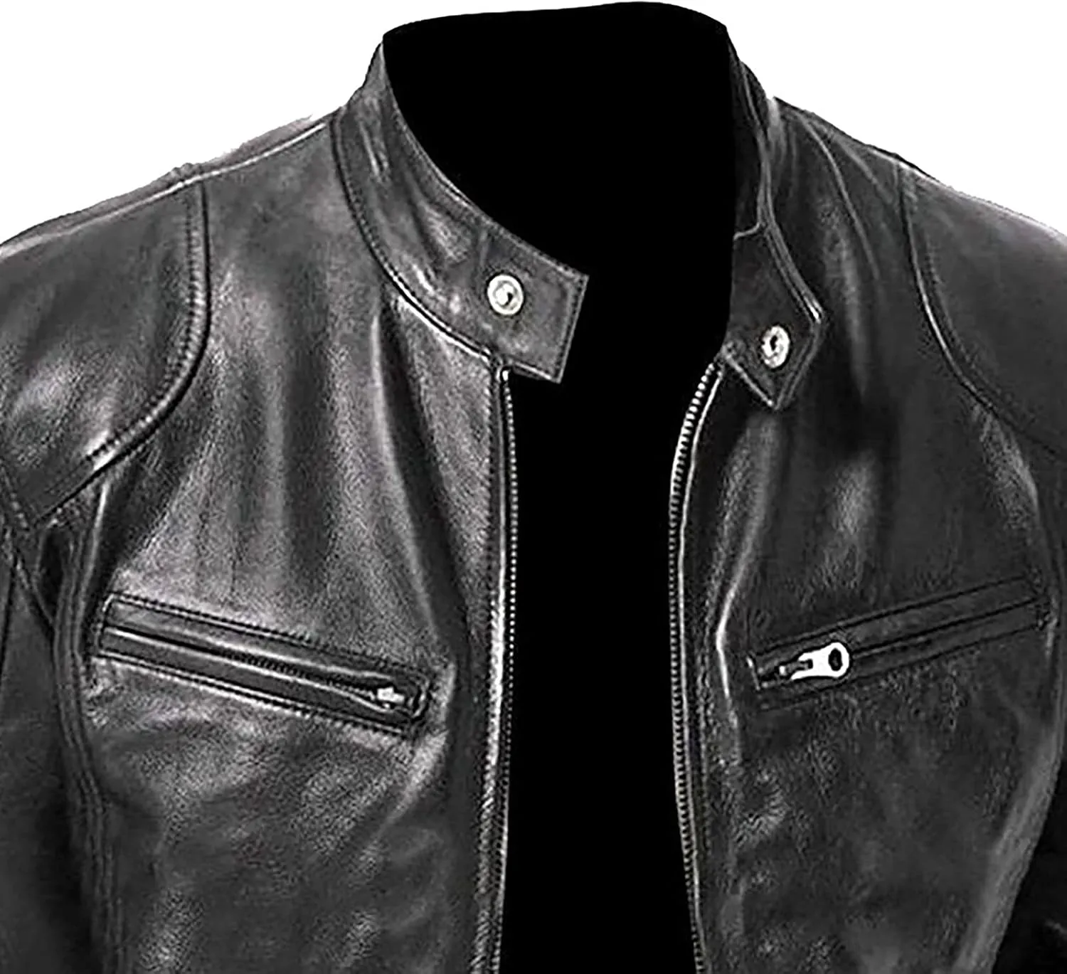 GOFULY Mens Leather Jacket Outdoors Full Zip Stand Collar Jacket Without Hood Faux Leather Motocycle Coats Casual Outwear