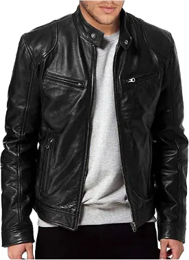 GOFULY Mens Leather Jacket Outdoors Full Zip Stand Collar Jacket Without Hood Faux Leather Motocycle Coats Casual Outwear