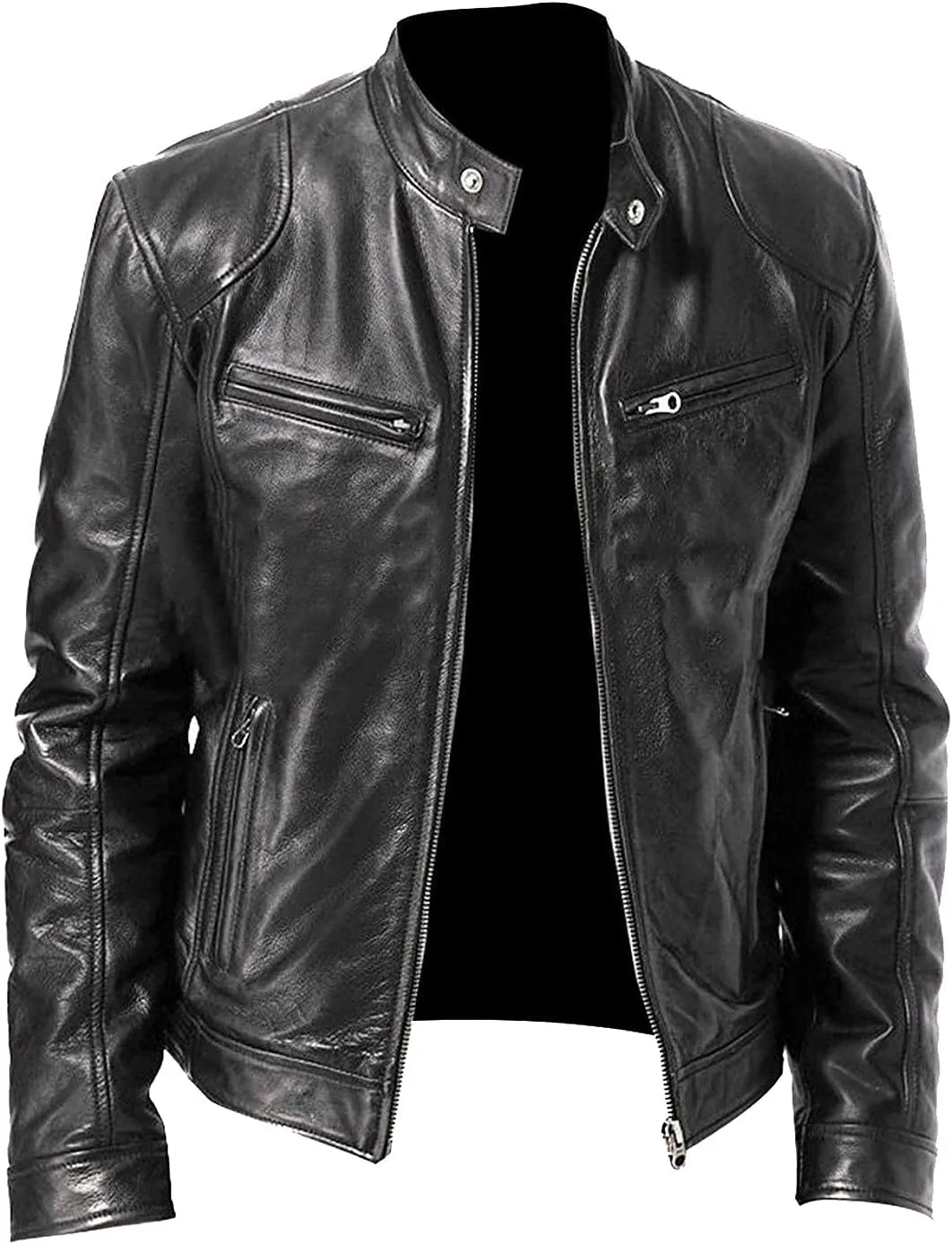 GOFULY Mens Leather Jacket Outdoors Full Zip Stand Collar Jacket Without Hood Faux Leather Motocycle Coats Casual Outwear