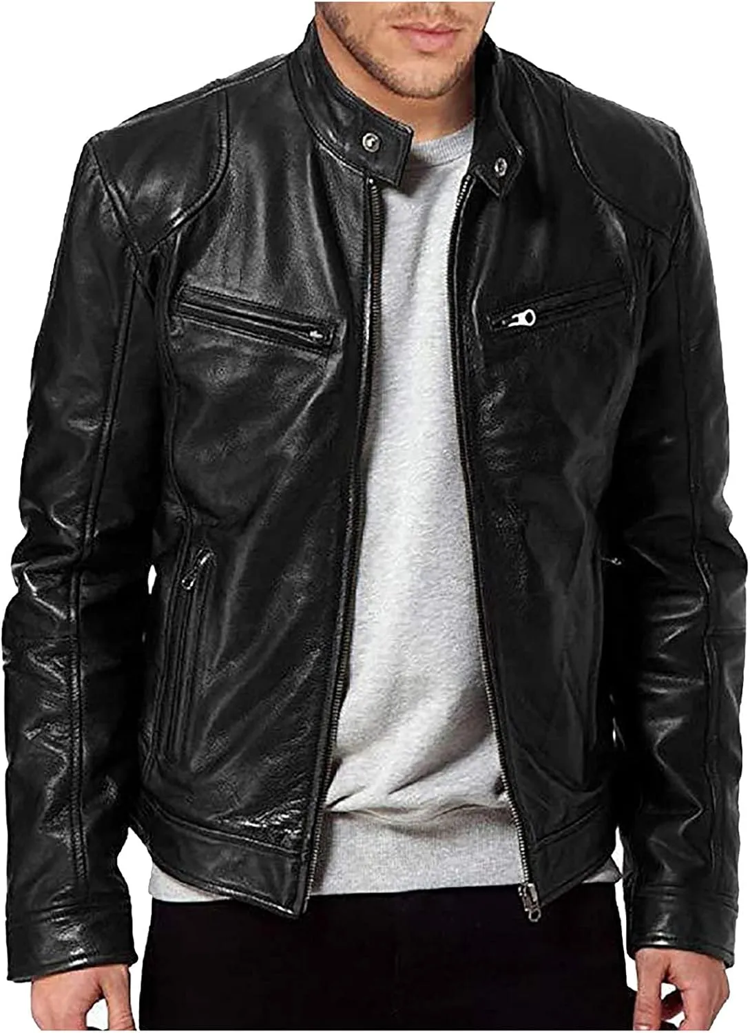 GOFULY Mens Leather Jacket Outdoors Full Zip Stand Collar Jacket Without Hood Faux Leather Motocycle Coats Casual Outwear