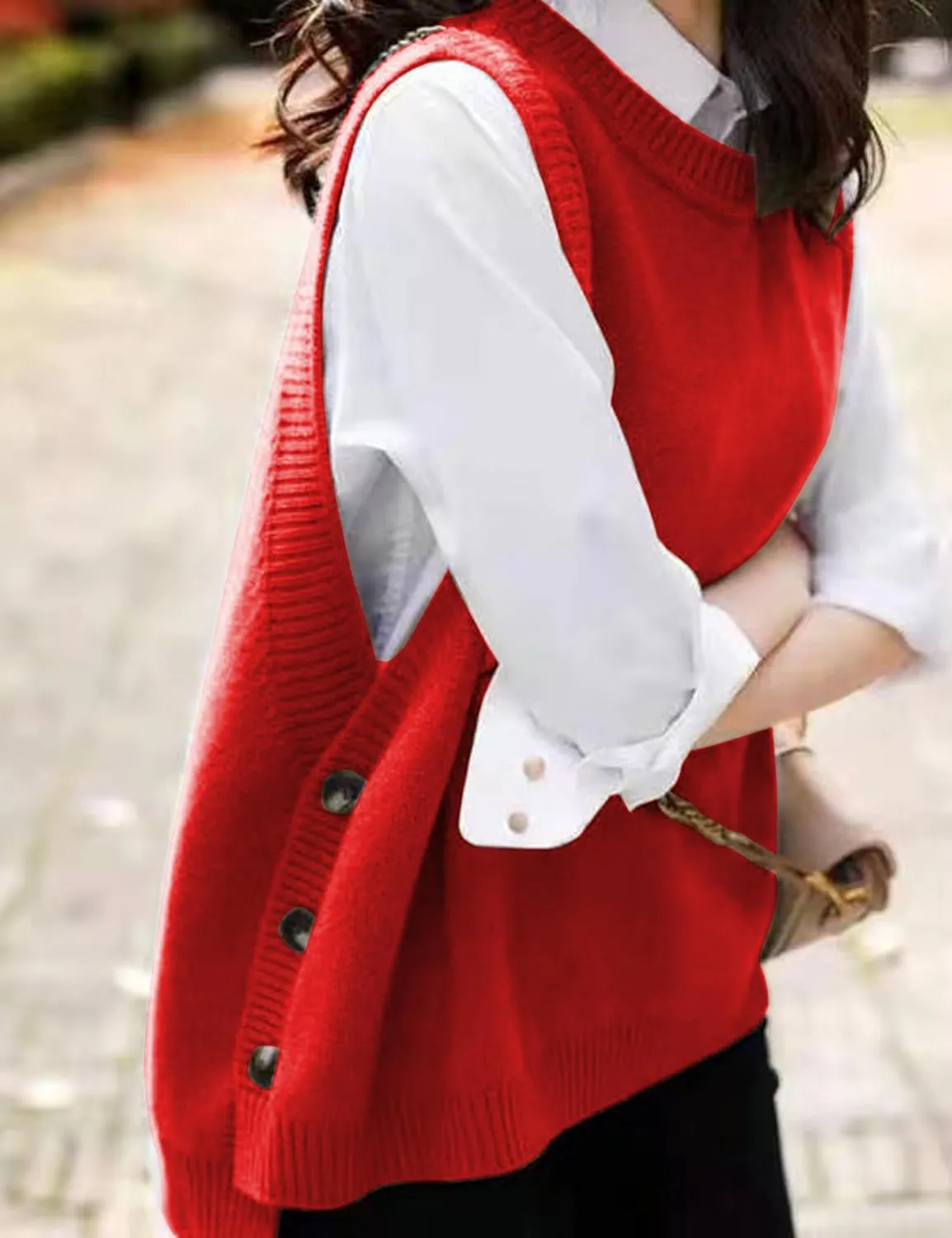 HangNiFang Women's Round Neck Sleeveless Pullover Ribbed Knit Sweater Vest Top