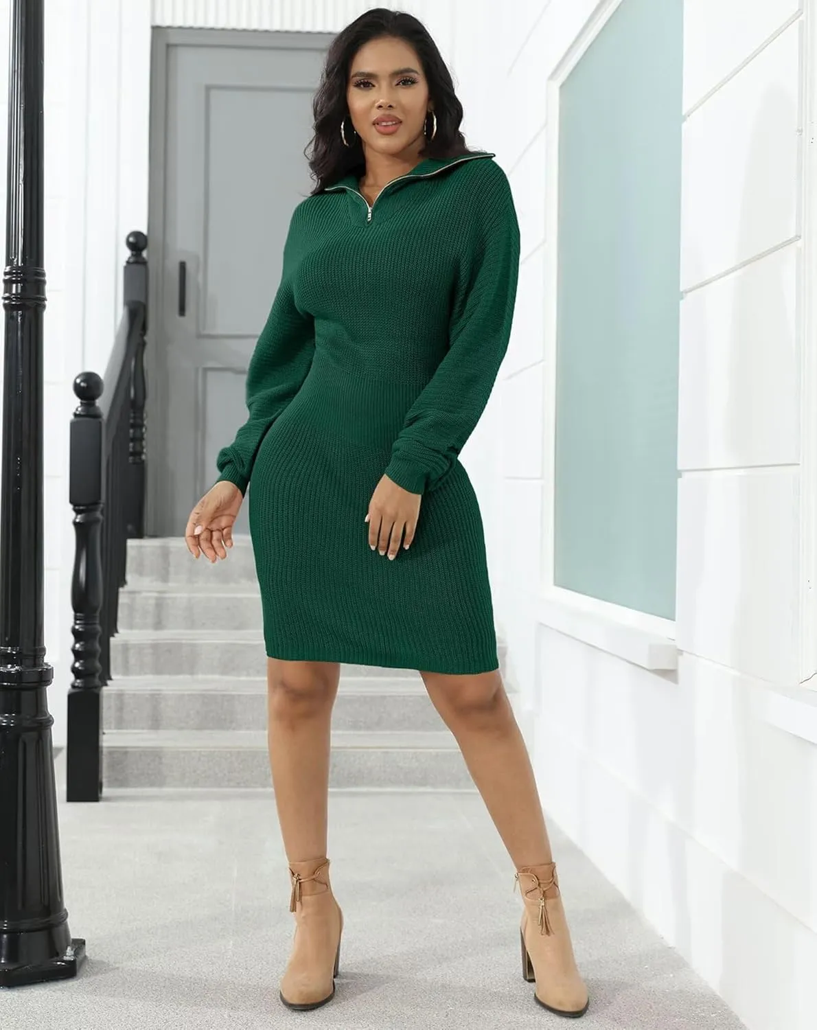 IyMoo Women's 2025 V Neck Ribbed Long Sleeve Bodycon Pullover Cute Mini Sweater Dress