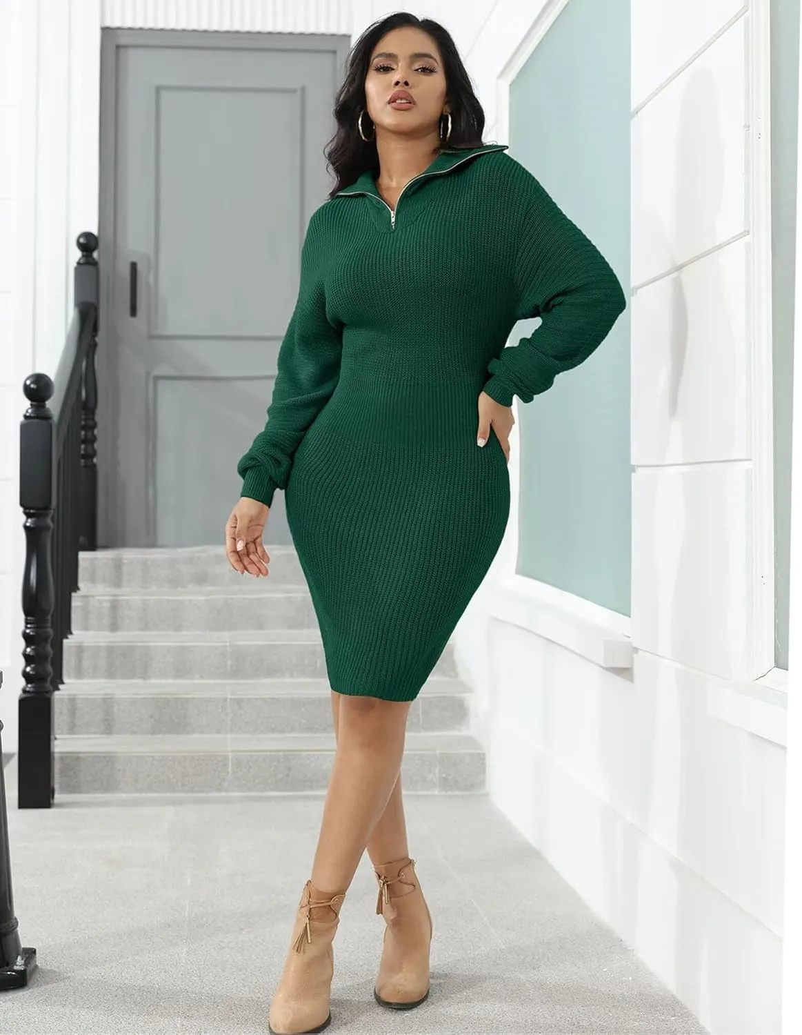 IyMoo Women's 2025 V Neck Ribbed Long Sleeve Bodycon Pullover Cute Mini Sweater Dress