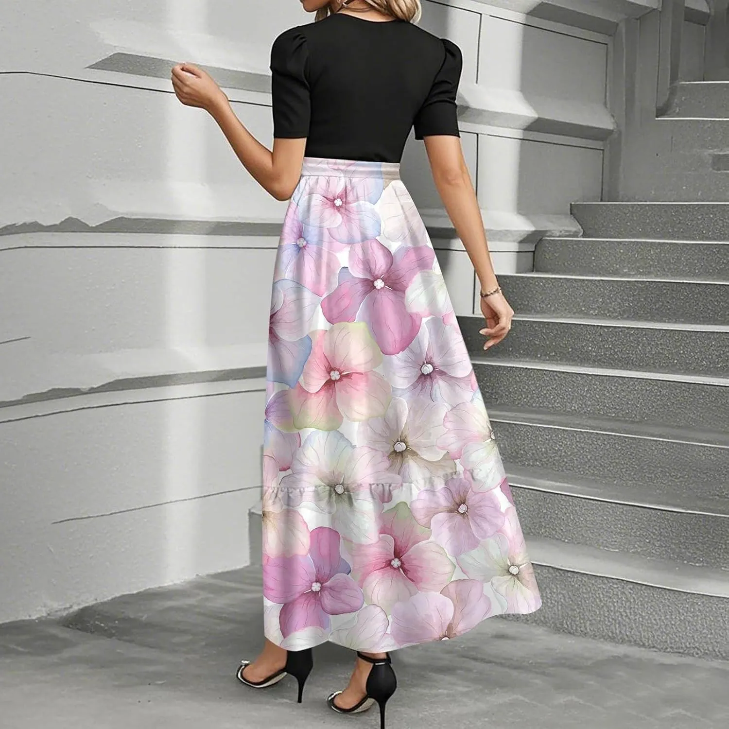 Kenvina Women Summer Floral Print Flowy Short Sleeve Dresses Beach Vacation Patchwork Empire Waist Tie Belted Maxi Dress