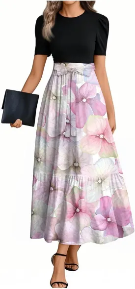 Kenvina Women Summer Floral Print Flowy Short Sleeve Dresses Beach Vacation Patchwork Empire Waist Tie Belted Maxi Dress