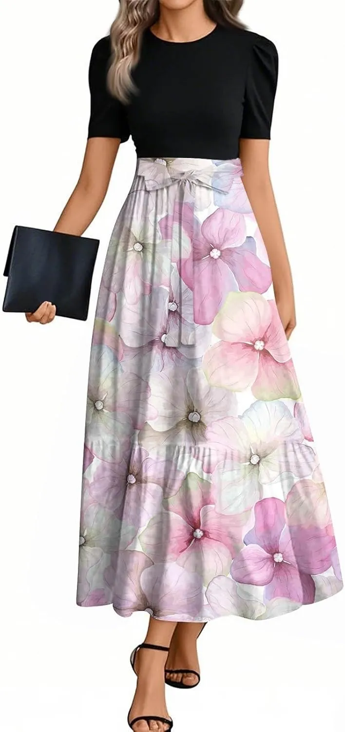 Kenvina Women Summer Floral Print Flowy Short Sleeve Dresses Beach Vacation Patchwork Empire Waist Tie Belted Maxi Dress