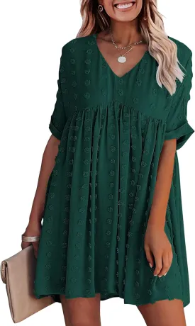 KIRUNDO Womens Summer Dresses 2024 Casual V Neck Short Sleeve Swiss Dot Ruffle Loose Flowy Mini Babydoll Dress